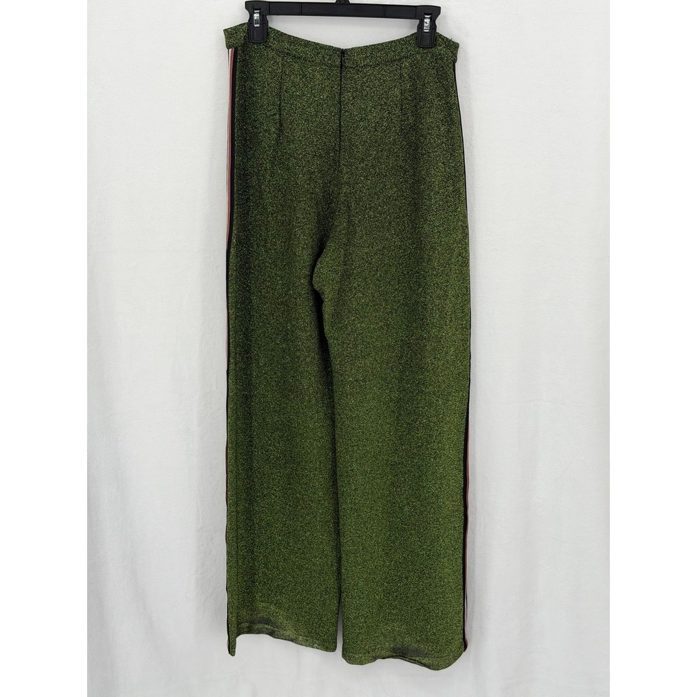H&M Pants Women 10 Metallic Green Glitter Wide Leg Side Stripe High Waist Disco - Picture 2 of 12